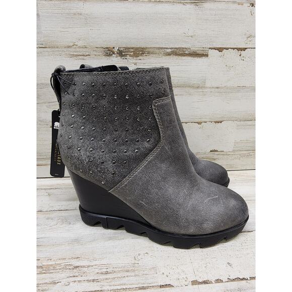 Sorel Joan Uptown Studded Wedge Bootie Gray Waterproof Leather, size 5 - Picture 1 of 11